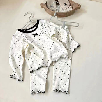 Set de pijamale pentru fete în stil coreean, cu buline și fundă, două piese