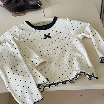 Set de pijamale pentru fete în stil coreean, cu buline și fundă, două piese