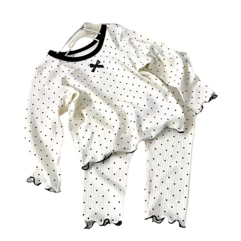 Set de pijamale pentru fete în stil coreean, cu buline și fundă, două piese