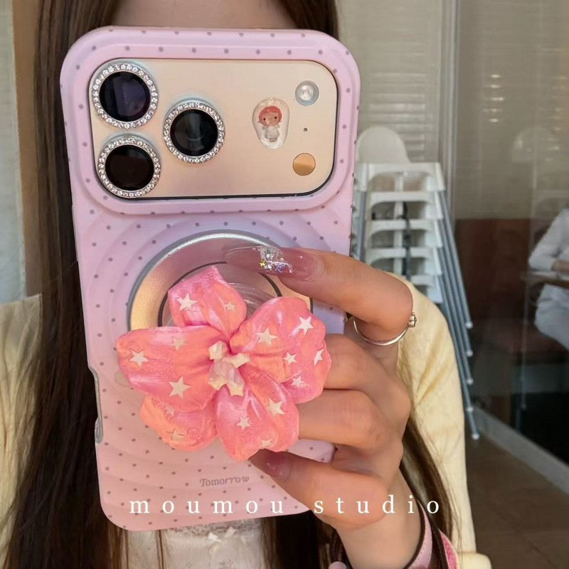Husă de protecție cu bază magnetică, stil coreean INS, liliu cu buline pentru iPhone 15 Pro Max