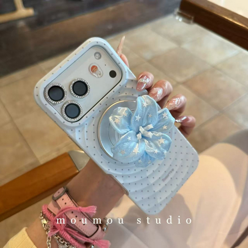 Husă de protecție cu bază magnetică, stil coreean INS, liliu cu buline pentru iPhone 15 Pro Max