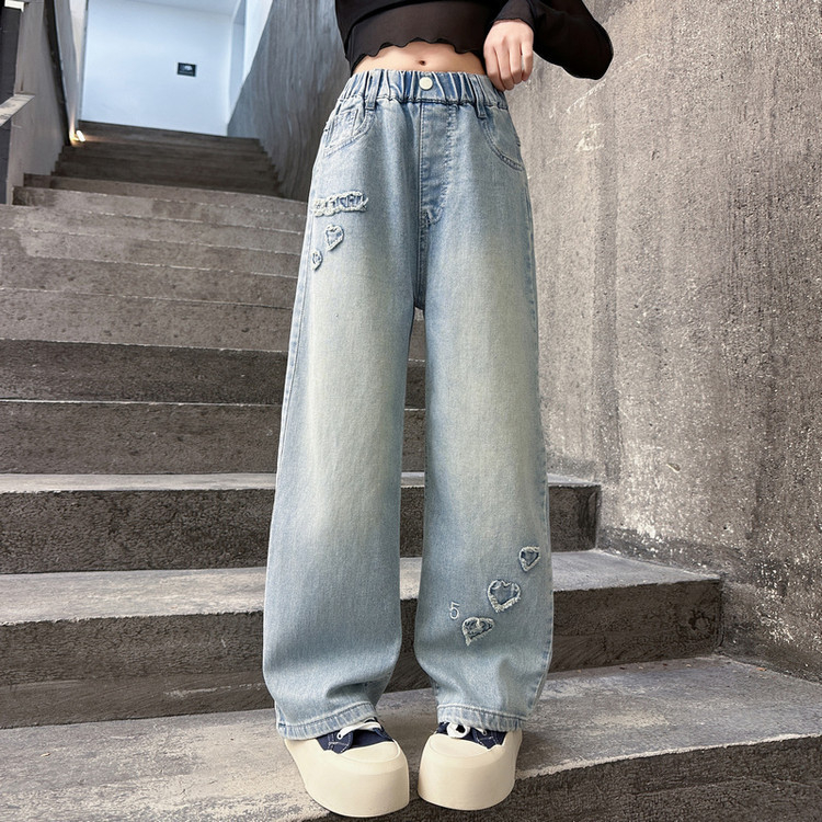 Jeans pentru fete, primăvară–toamnă 2025, croială dreaptă și largă, pentru copii mai mari