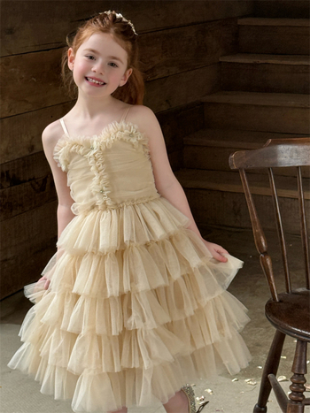 Orange Joy 26 Rochie pentru fete primăvară-vară cu cristale în formă de floare, bretele din plasă, rochie tutu prințesă