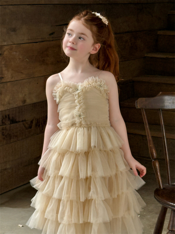 Orange Joy 26 Rochie pentru fete primăvară-vară cu cristale în formă de floare, bretele din plasă, rochie tutu prințesă