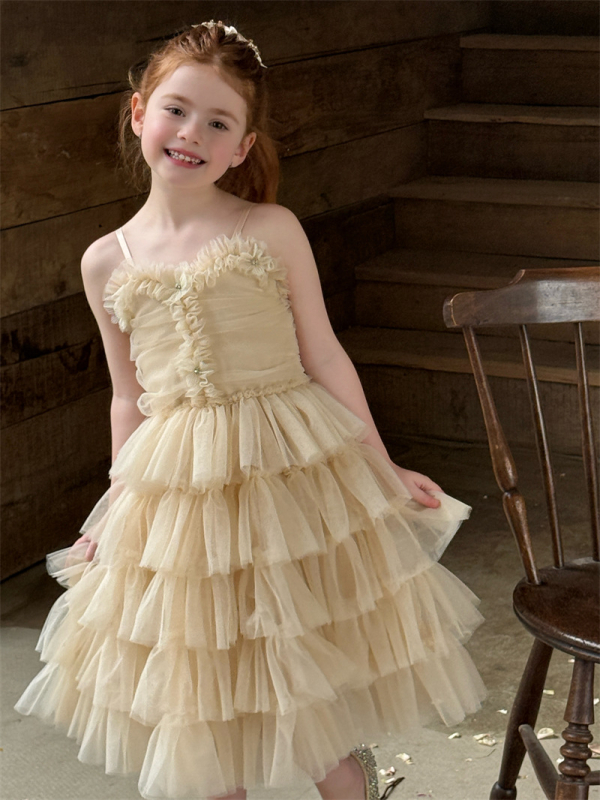 Orange Joy 26 Rochie pentru fete primăvară-vară cu cristale în formă de floare, bretele din plasă, rochie tutu prințesă