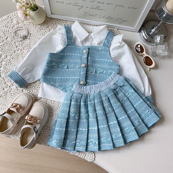 Set de trei piese pentru fete, inspirat de Chanel: cămașă cu mânecă lungă, vestă și fustă plisată, stil coreean, 3–8 ani, primăvară/toamnă