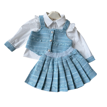 Set de trei piese pentru fete, inspirat de Chanel: cămașă cu mânecă lungă, vestă și fustă plisată, stil coreean, 3–8 ani, primăvară/toamnă