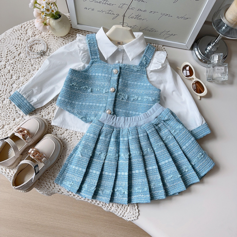 Set de trei piese pentru fete, inspirat de Chanel: cămașă cu mânecă lungă, vestă și fustă plisată, stil coreean, 3–8 ani, primăvară/toamnă