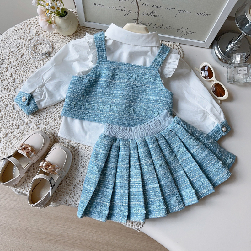 Set de trei piese pentru fete, inspirat de Chanel: cămașă cu mânecă lungă, vestă și fustă plisată, stil coreean, 3–8 ani, primăvară/toamnă