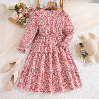 Rochie lungă pentru fete, imprimeu floral, mâneci lungi, guler rotund, talie accentuată, croială A-line, primăvară