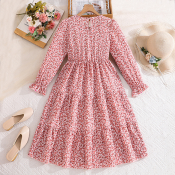 Rochie lungă pentru fete, imprimeu floral, mâneci lungi, guler rotund, talie accentuată, croială A-line, primăvară