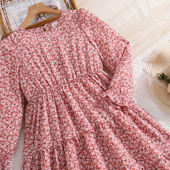 Rochie lungă pentru fete, imprimeu floral, mâneci lungi, guler rotund, talie accentuată, croială A-line, primăvară
