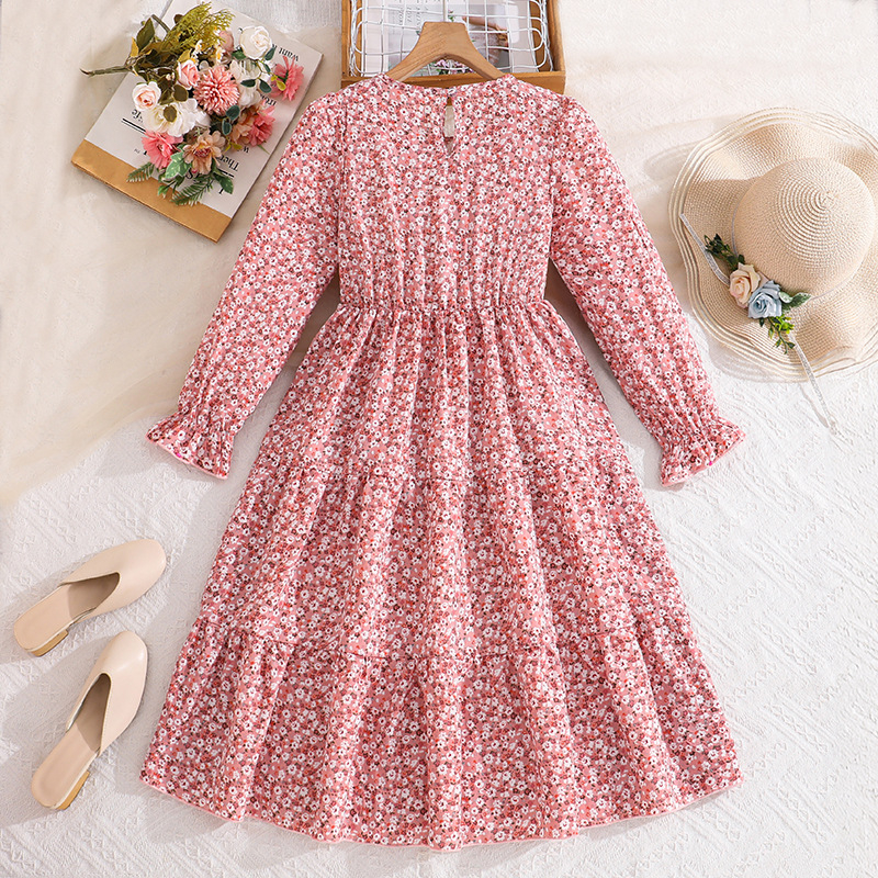 Rochie lungă pentru fete, imprimeu floral, mâneci lungi, guler rotund, talie accentuată, croială A-line, primăvară
