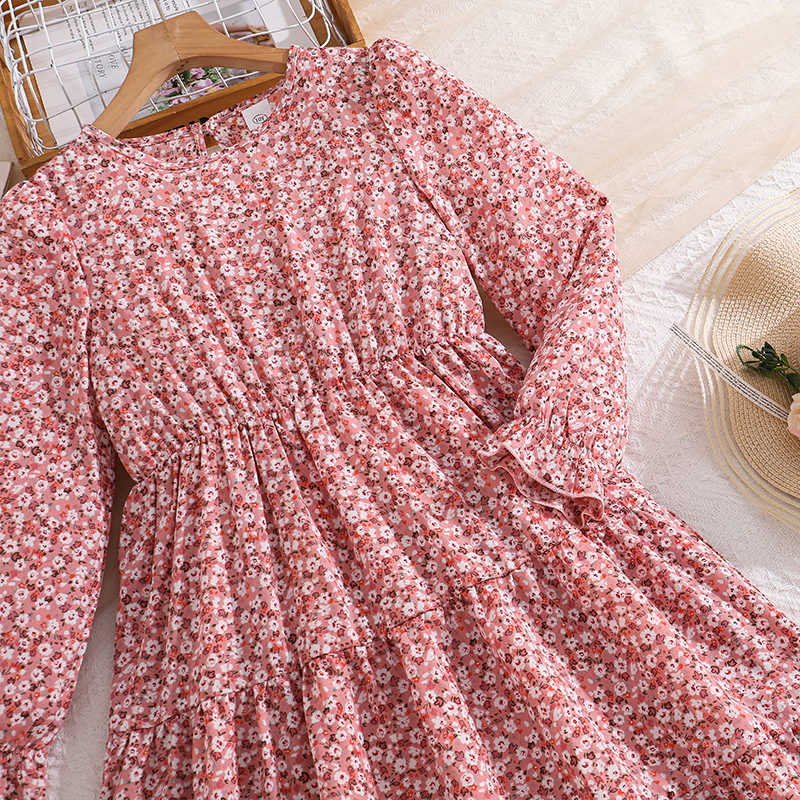 Rochie lungă pentru fete, imprimeu floral, mâneci lungi, guler rotund, talie accentuată, croială A-line, primăvară