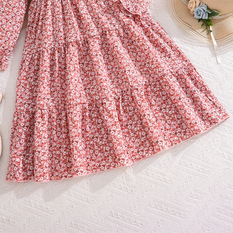 Rochie lungă pentru fete, imprimeu floral, mâneci lungi, guler rotund, talie accentuată, croială A-line, primăvară
