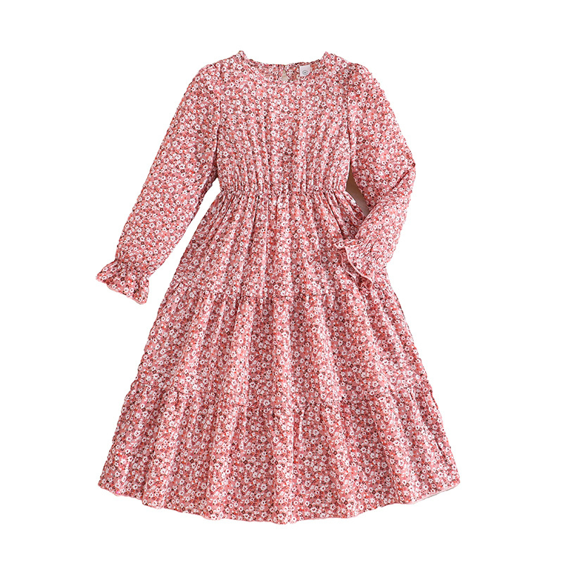 Rochie lungă pentru fete, imprimeu floral, mâneci lungi, guler rotund, talie accentuată, croială A-line, primăvară