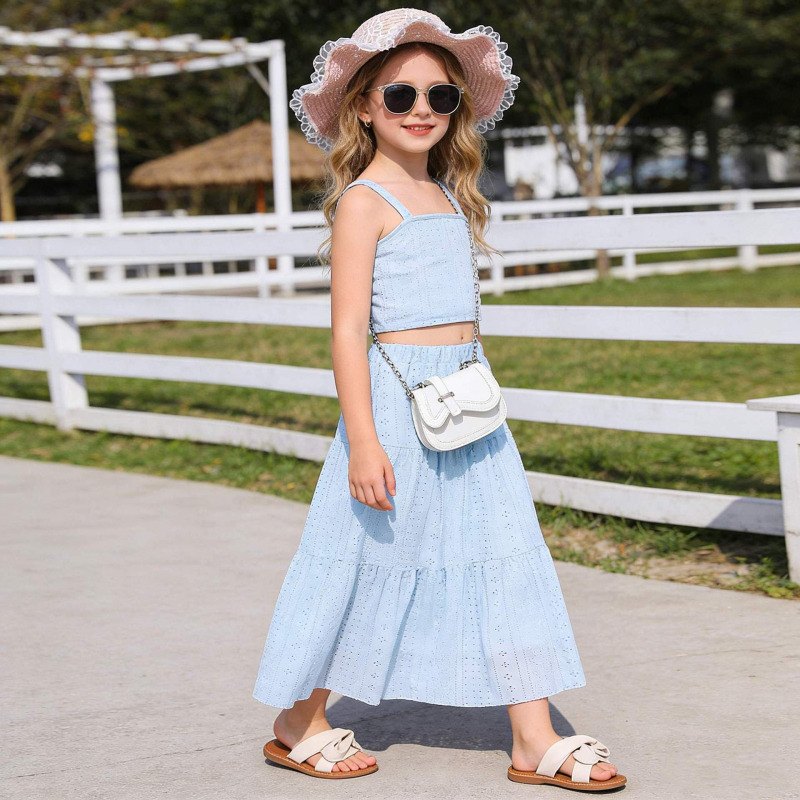 Set pentru fetițe: top cu bretele și fustă lungă, stil casual de vacanță