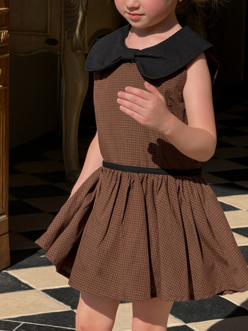 Rochie de vară pentru fetițe, stil coreean, look academic, carouri retro, funda și guler rever, rochie cu bretele.