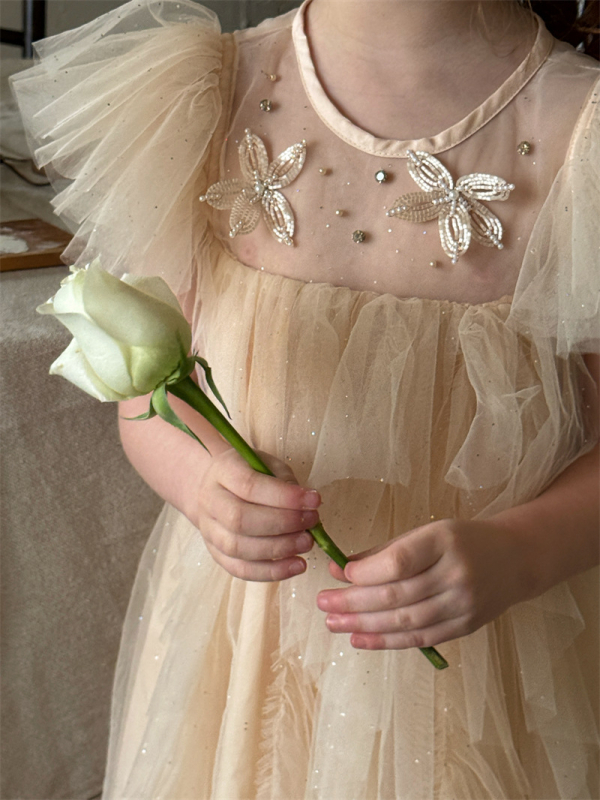 Rochie de vară de prințesă pentru fete, mâneci bufante, tul cu motiv de fluture, lungime midi