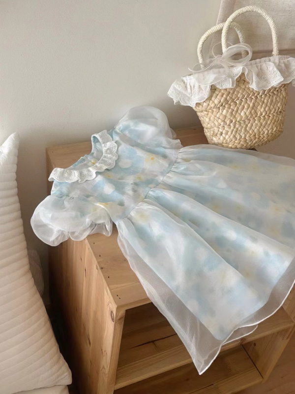 Rochie de fetiță din tul cu flori, stil prințesă, mâneci scurte, albastru, pentru copii 3–8 ani, vară 2025.