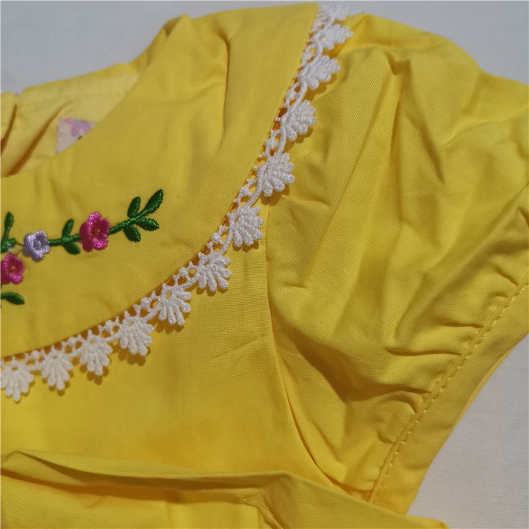 Rochie de fetiță brodată, dublu strat, din bumbac, culoare solidă, mâneci scurte, croială A-line, spălare enzimă, vară 2023