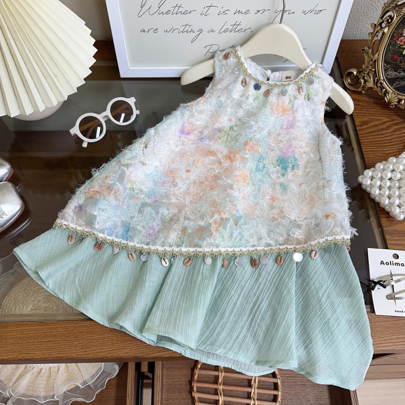 Rochie de vară pentru fetițe, fără mâneci, cu ciucuri și pandantiv – stil prințesă occidental CM1206