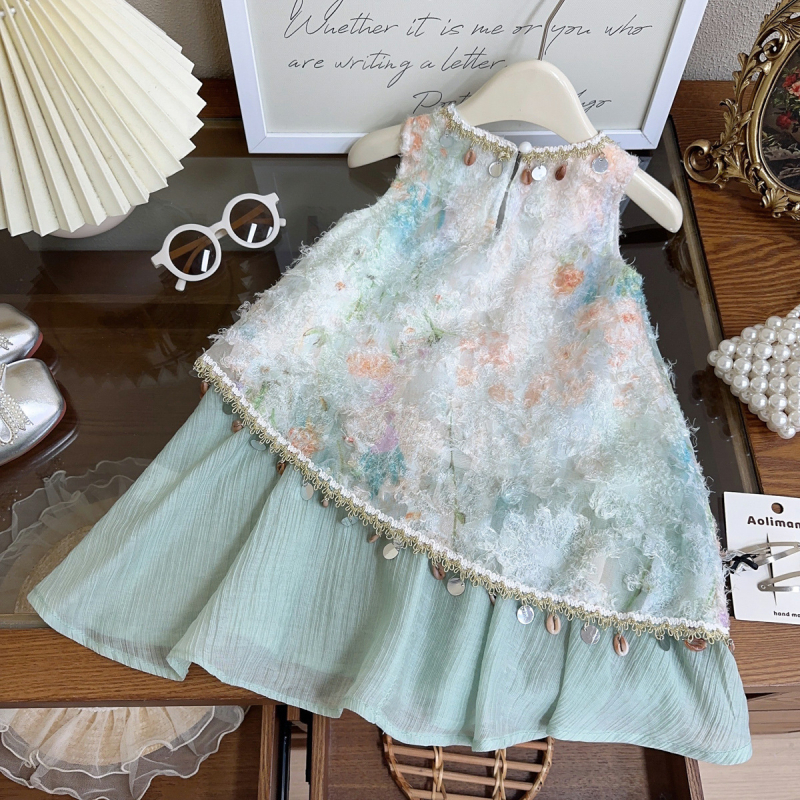 Rochie de vară pentru fetițe, fără mâneci, cu ciucuri și pandantiv – stil prințesă occidental CM1206