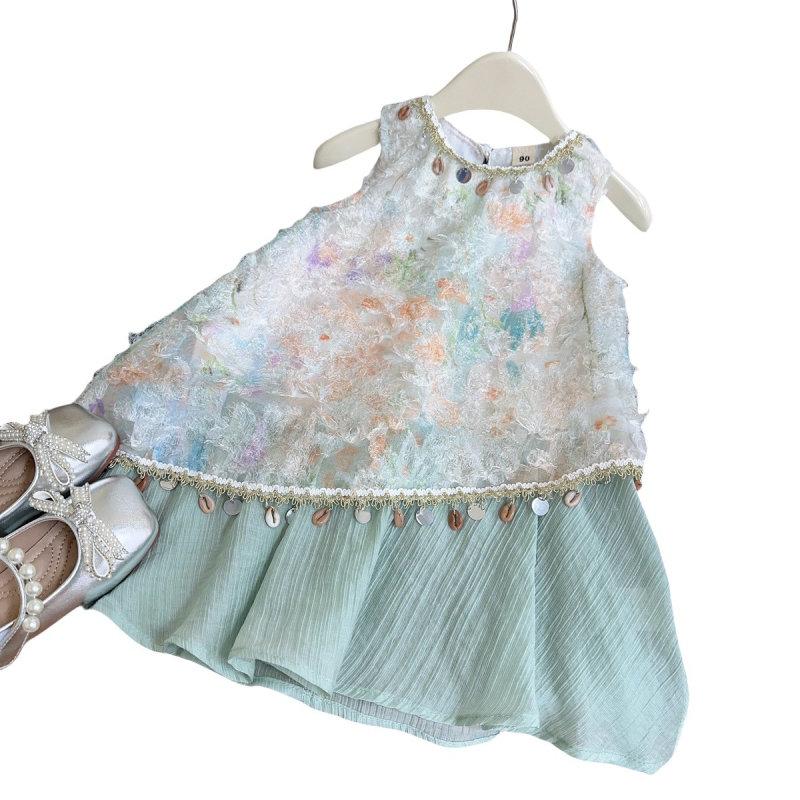 Rochie de vară pentru fetițe, fără mâneci, cu ciucuri și pandantiv – stil prințesă occidental CM1206