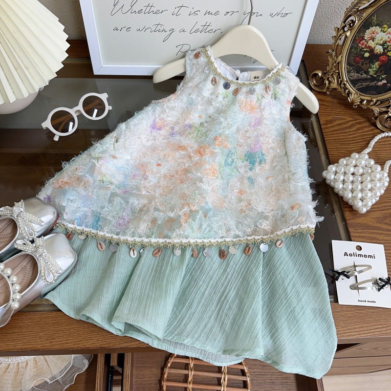 Rochie de vară pentru fetițe, fără mâneci, cu ciucuri și pandantiv – stil prințesă occidental CM1206