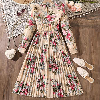 Rochie pentru fetițe cu mâneci lungi, stil francez, imprimeu floral, talie definită și plisare, toamnă 2025