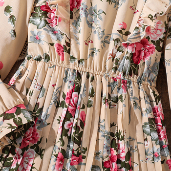 Rochie pentru fetițe cu mâneci lungi, stil francez, imprimeu floral, talie definită și plisare, toamnă 2025