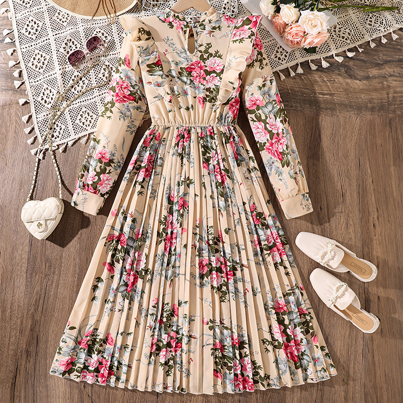Rochie pentru fetițe cu mâneci lungi, stil francez, imprimeu floral, talie definită și plisare, toamnă 2025