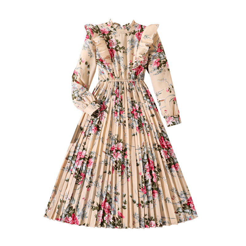 Rochie pentru fetițe cu mâneci lungi, stil francez, imprimeu floral, talie definită și plisare, toamnă 2025