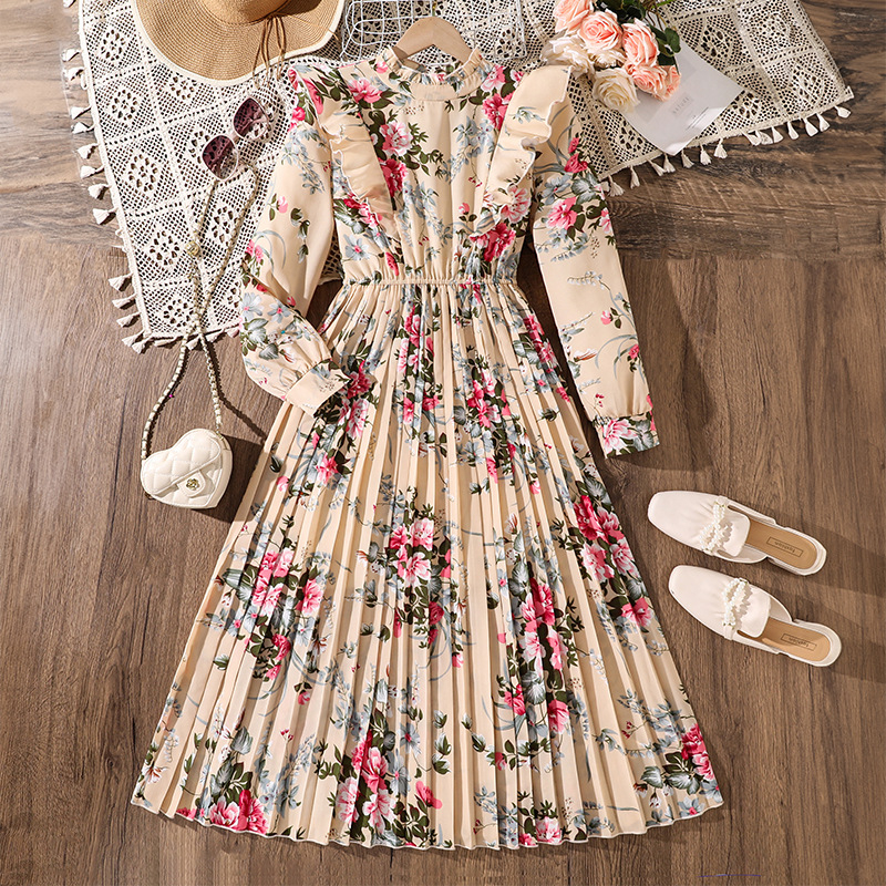 Rochie pentru fetițe cu mâneci lungi, stil francez, imprimeu floral, talie definită și plisare, toamnă 2025