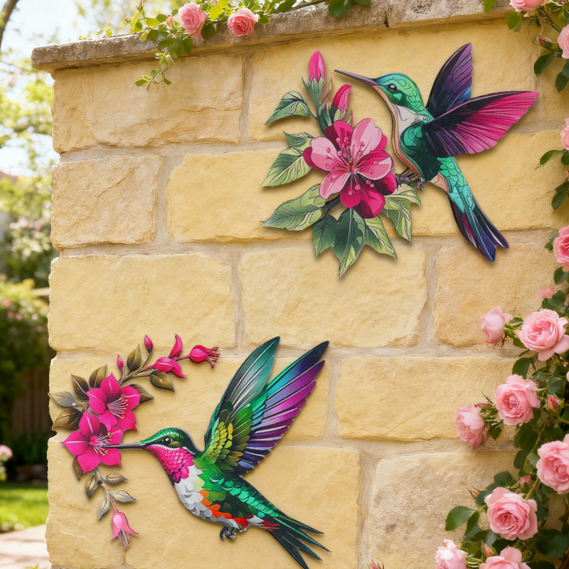 Tablou de perete din fier cu flori și păsări – decor metalic pentru interior și exterior, sufragerie