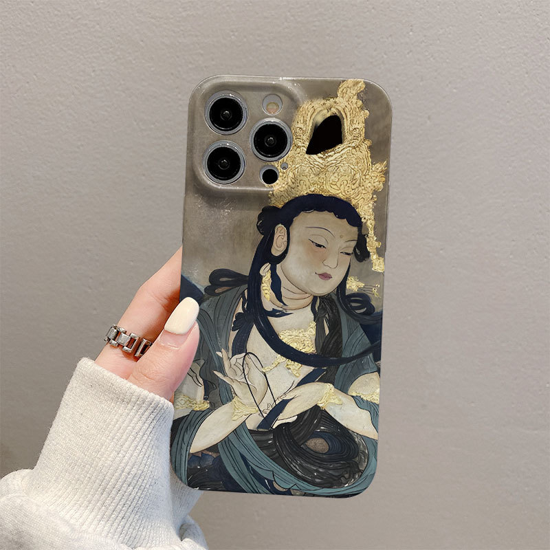 Husă de telefon cu fresce din grotele Dunhuang, aspect premium, husă tip film, compatibilă cu iPhone 15, iPhone 14 Pro Max și iPhone 13