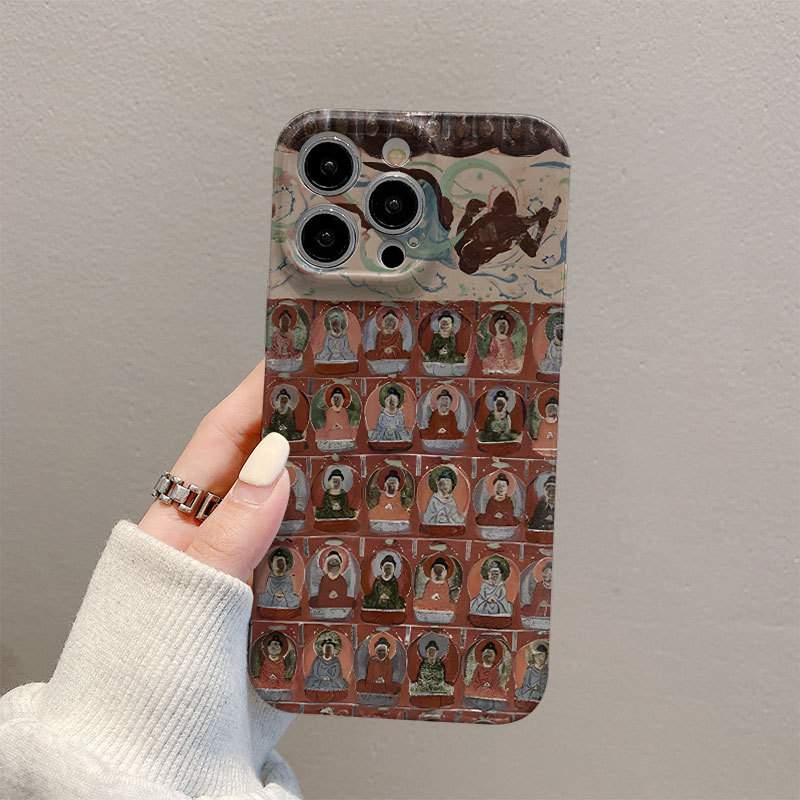 Husă de telefon cu fresce din grotele Dunhuang, aspect premium, husă tip film, compatibilă cu iPhone 15, iPhone 14 Pro Max și iPhone 13