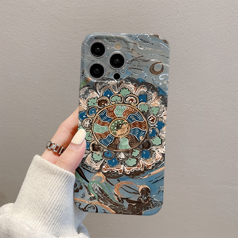 Husă de telefon cu fresce din grotele Dunhuang, aspect premium, husă tip film, compatibilă cu iPhone 15, iPhone 14 Pro Max și iPhone 13