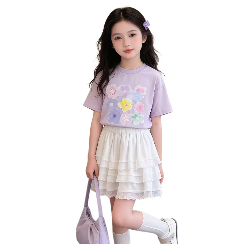 Tricou din bumbac cu mâneci scurte, imprimeu floral colorat cu flori mici, guler rotund, top de vară pentru fete