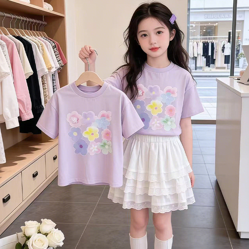 Tricou din bumbac cu mâneci scurte, imprimeu floral colorat cu flori mici, guler rotund, top de vară pentru fete