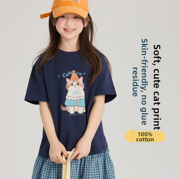 Tricou pentru copii cu mâneci scurte, vară, imprimeu cu pisicuță desen animat, guler rotund