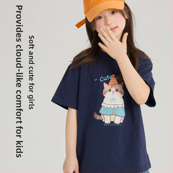 Tricou pentru copii cu mâneci scurte, vară, imprimeu cu pisicuță desen animat, guler rotund