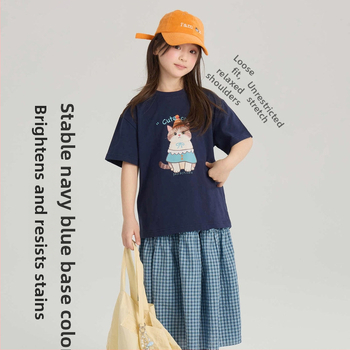 Tricou pentru copii cu mâneci scurte, vară, imprimeu cu pisicuță desen animat, guler rotund