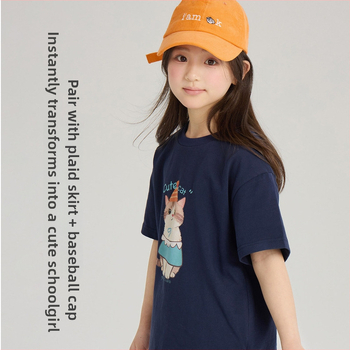 Tricou pentru copii cu mâneci scurte, vară, imprimeu cu pisicuță desen animat, guler rotund