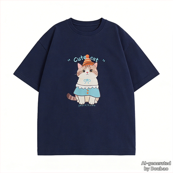 Tricou pentru copii cu mâneci scurte, vară, imprimeu cu pisicuță desen animat, guler rotund