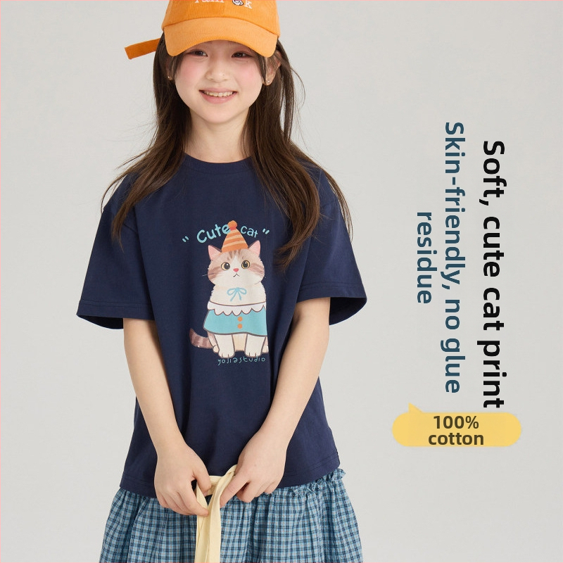 Tricou pentru copii cu mâneci scurte, vară, imprimeu cu pisicuță desen animat, guler rotund