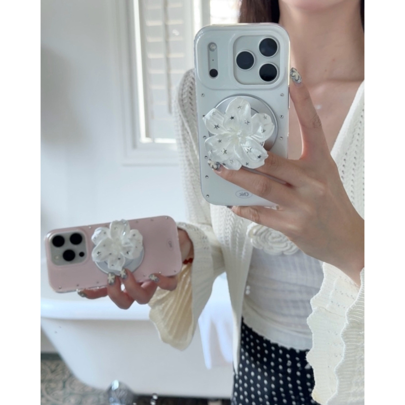 Carcasă dură cu cristale și suport în formă de floare de crin pentru iPhone 14–17