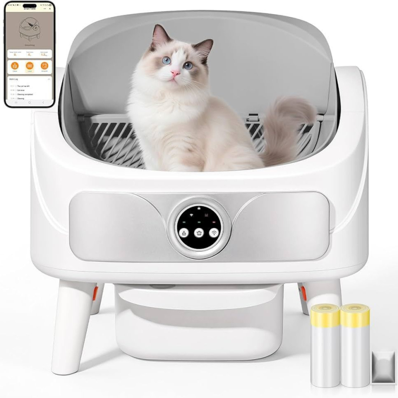Cutie deschisă pentru nisip de pisici, inteligentă, extra mare, curățare complet automată și control al mirosurilor