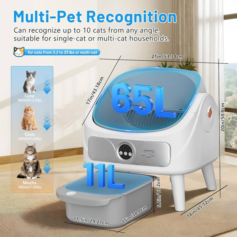 Cutie deschisă pentru nisip de pisici, inteligentă, extra mare, curățare complet automată și control al mirosurilor