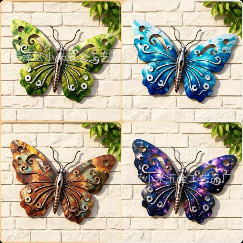 Deco de perete cu fluture metalic, artă din fier colorată pentru grădină și exterior